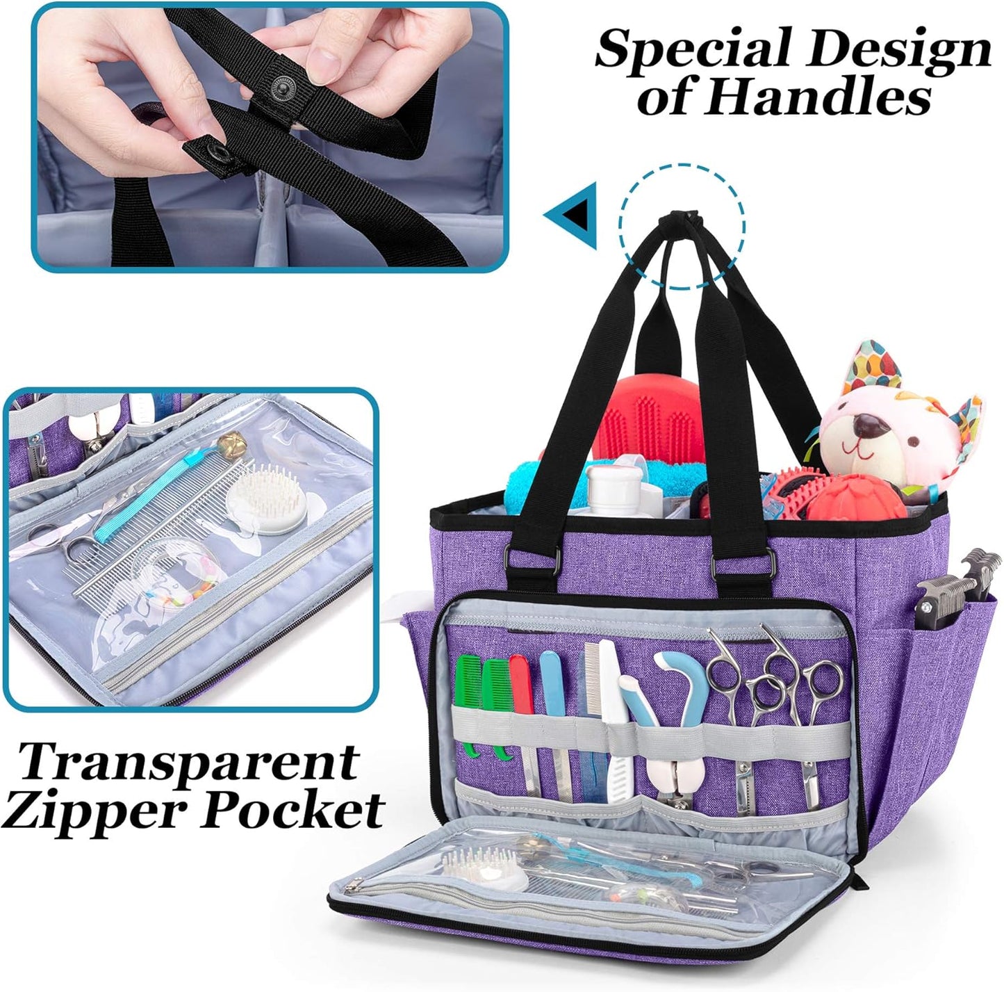 Yarwo Dog Grooming Tote Bag, Cat Grooming Tools Organizer for Pets Grooming Kit and Supplies, Purple
