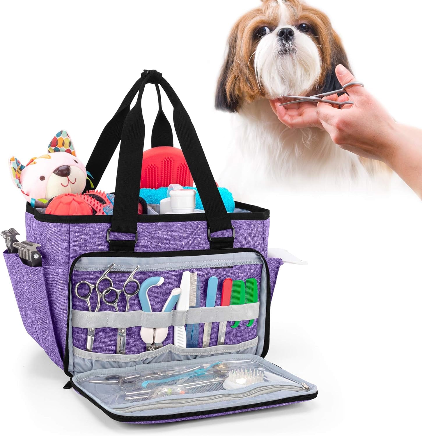 Yarwo Dog Grooming Tote Bag, Cat Grooming Tools Organizer for Pets Grooming Kit and Supplies, Purple