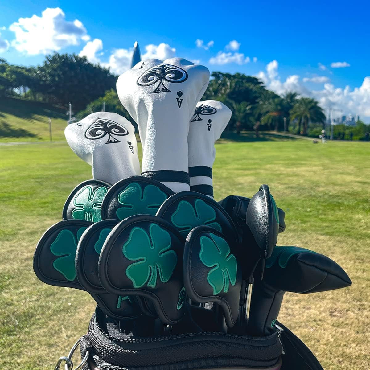 Golf Iron Covers Golf Iron Head Covers Leather Golf Iron Covers for Golf Clubs 10Pcs Golf Iron Headcovers Lucky Clover Golf Club Head Covers for Iron with Magic Tape Fit All Brands