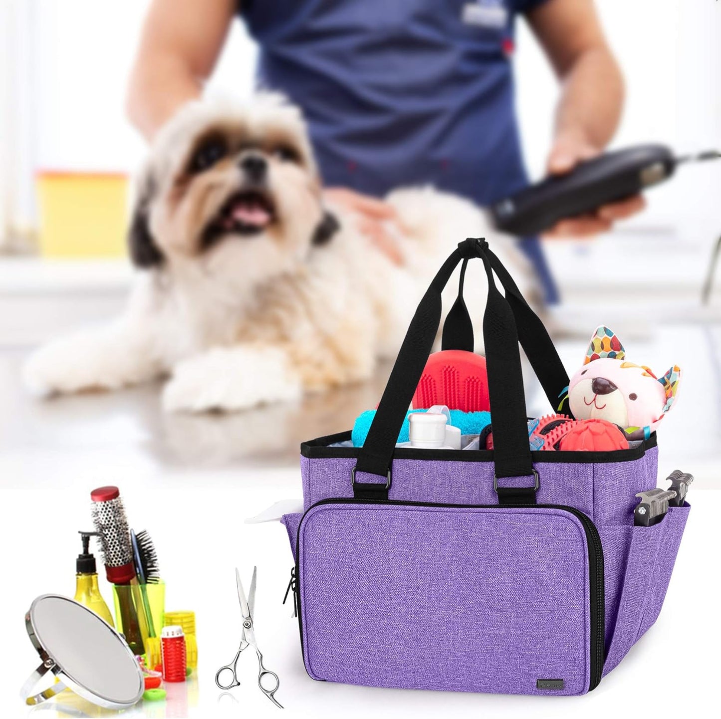 Yarwo Dog Grooming Tote Bag, Cat Grooming Tools Organizer for Pets Grooming Kit and Supplies, Purple