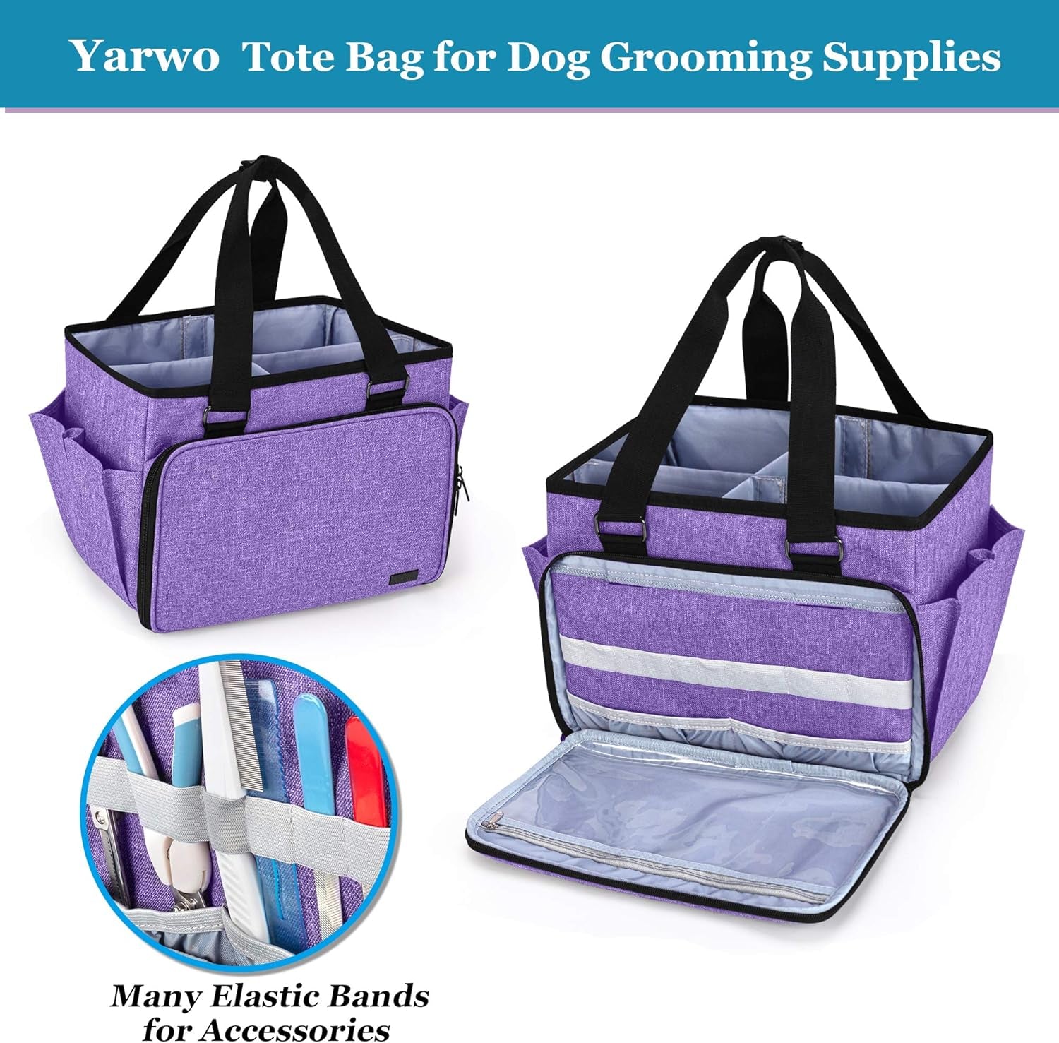 Yarwo Dog Grooming Tote Bag, Cat Grooming Tools Organizer for Pets Grooming Kit and Supplies, Purple