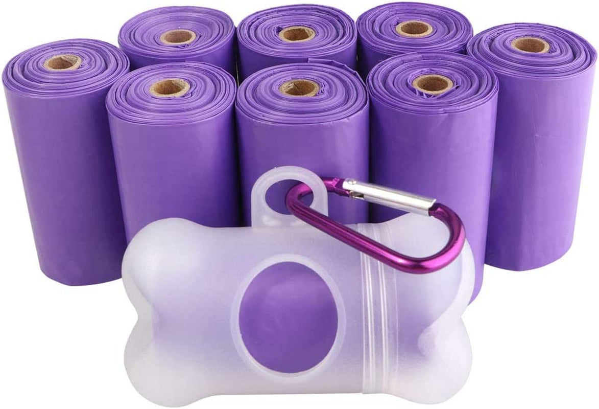 POQOD Dog Poop Bags - Leak-Proof Dog Waste Bags, Clean up Pet Poo Bag Refills 9 Rolls /135 Count, (Purple) Includes Free Bone Dispenser and D-Ring Carabiners Clip