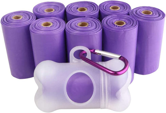 POQOD Dog Poop Bags - Leak-Proof Dog Waste Bags, Clean up Pet Poo Bag Refills 9 Rolls /135 Count, (Purple) Includes Free Bone Dispenser and D-Ring Carabiners Clip