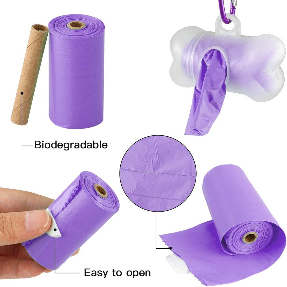 POQOD Dog Poop Bags - Leak-Proof Dog Waste Bags, Clean up Pet Poo Bag Refills 9 Rolls /135 Count, (Purple) Includes Free Bone Dispenser and D-Ring Carabiners Clip
