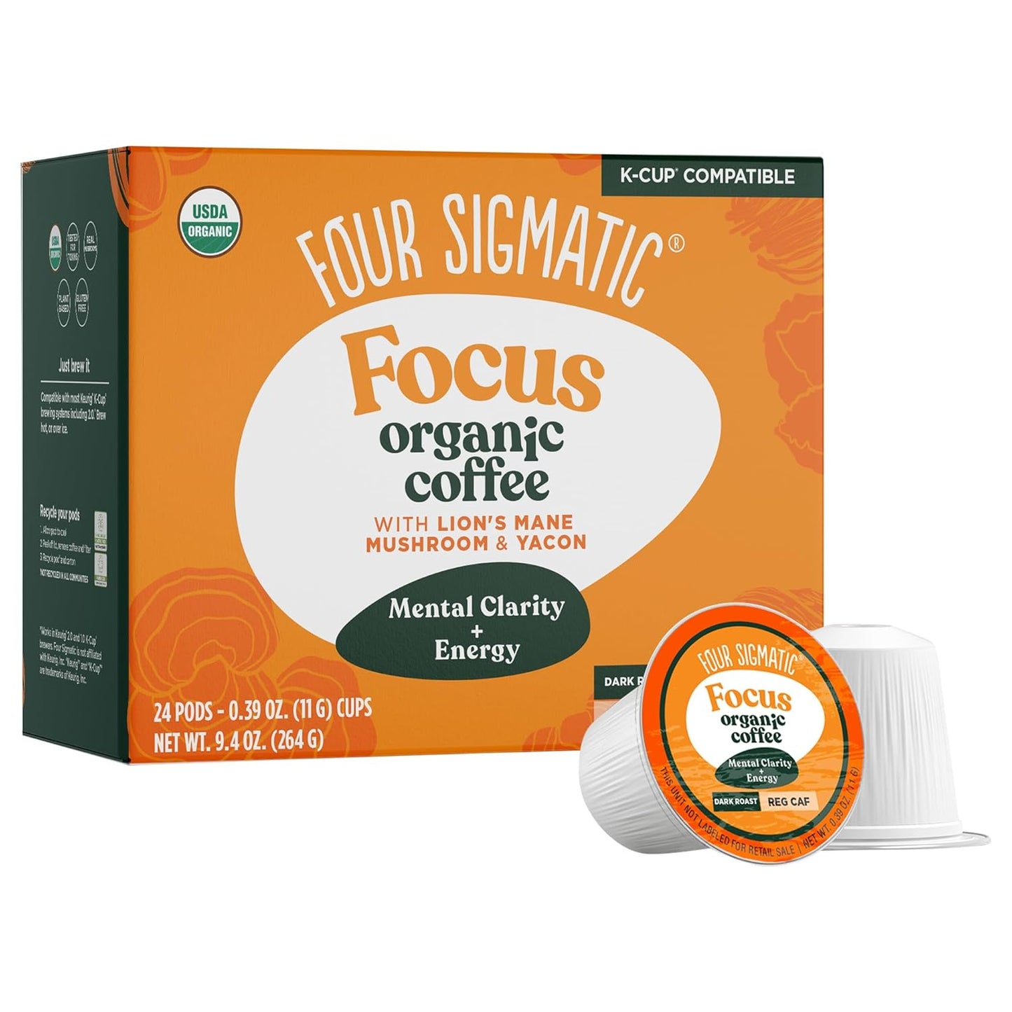 Mushroom Coffee K-Cups | Organic Dark Roast Coffee with Lion’S Mane Mushroom Powder & Yacon | Focus & Immune Support | Vegan & Keto | Sustainable Pods | 24 Count