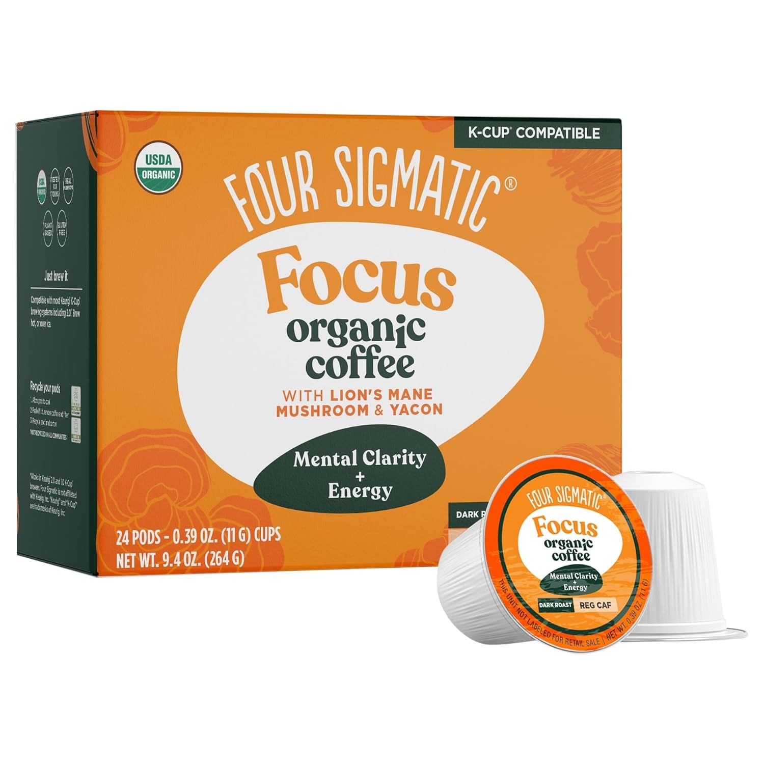 Mushroom Coffee K-Cups | Organic Dark Roast Coffee with Lion’S Mane Mushroom Powder & Yacon | Focus & Immune Support | Vegan & Keto | Sustainable Pods | 24 Count