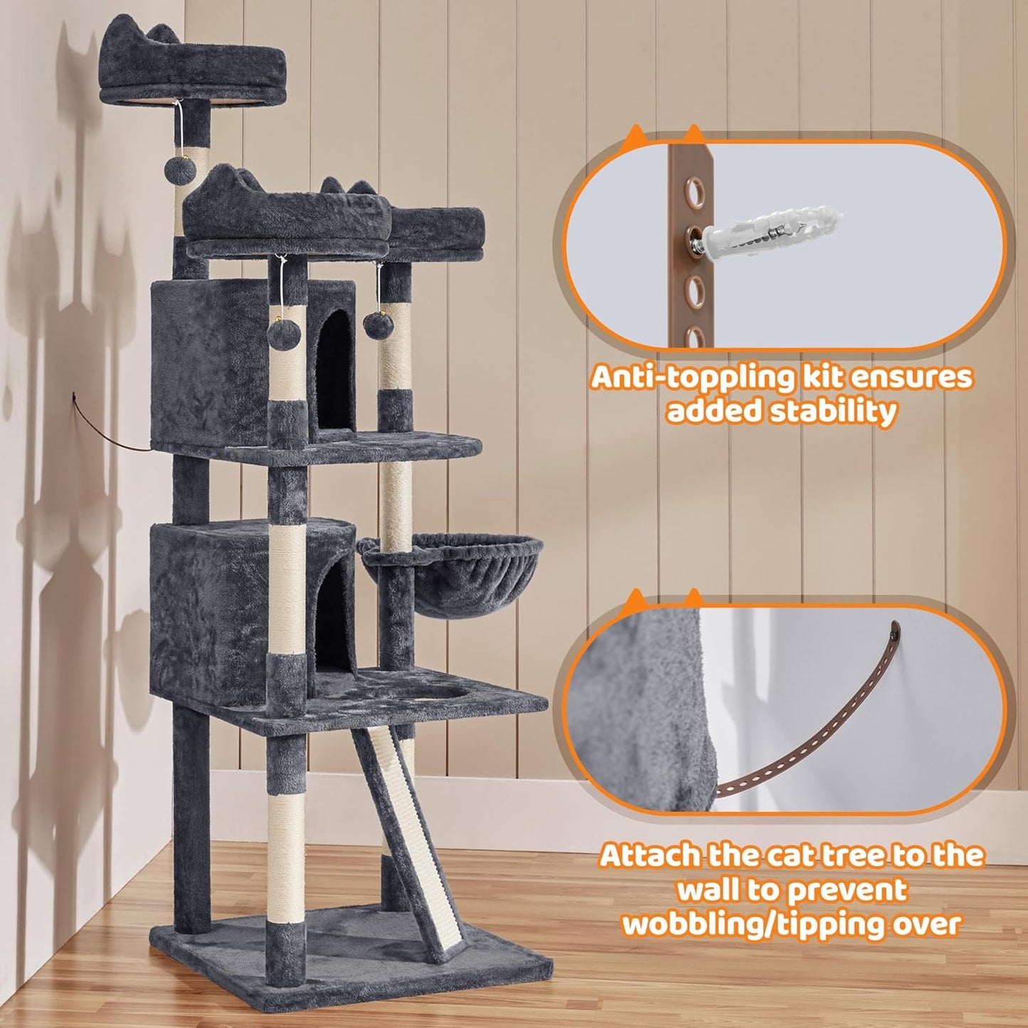 Yaheetech 68.5In Cat Tree Multi-Level Cat Tower with Large Condo＆Cozy Perches Stable Pet Play House W/Sisal-Covered Scratching Posts＆Board for Indoor Cats, Dark Gray