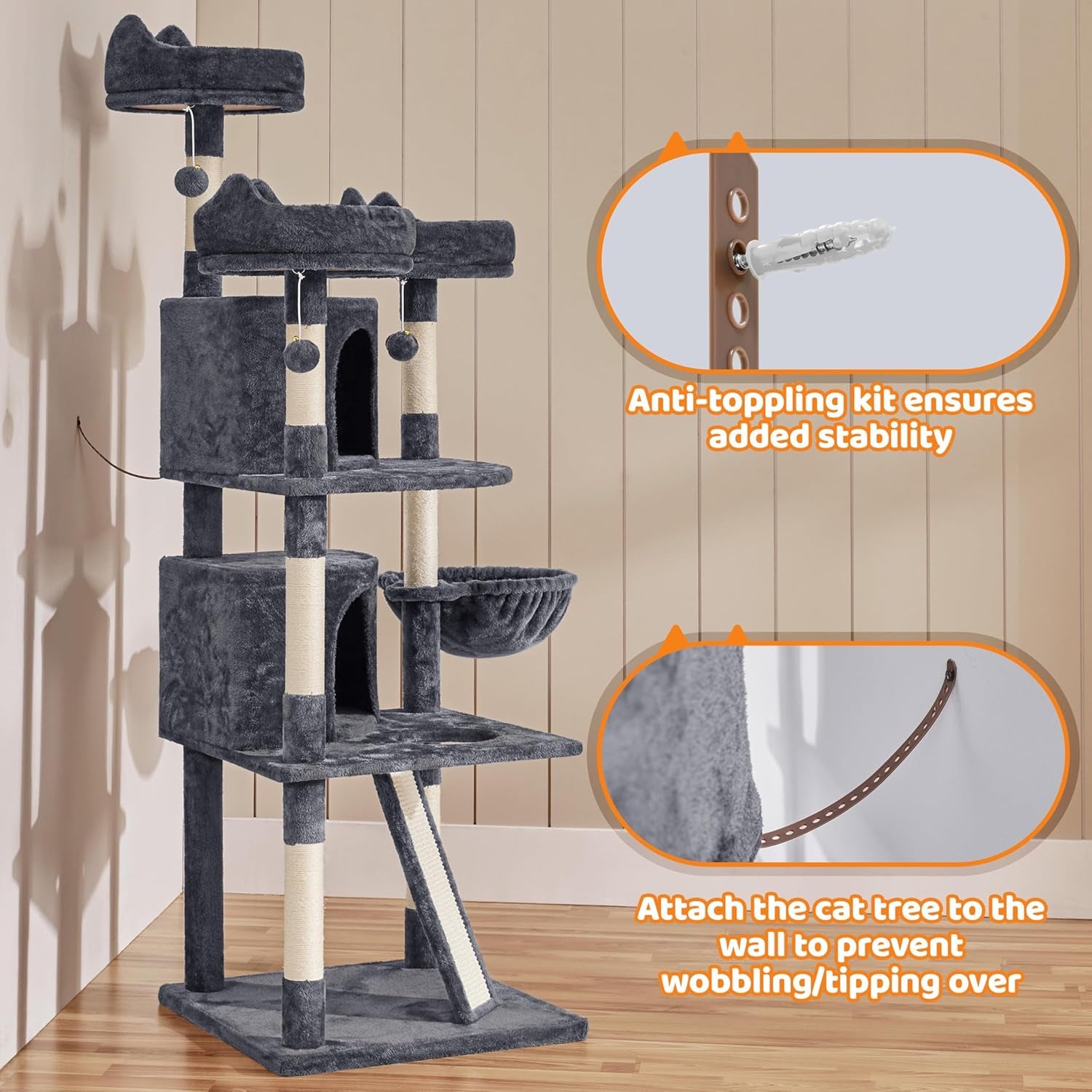 Yaheetech 68.5In Cat Tree Multi-Level Cat Tower with Large Condo＆Cozy Perches Stable Pet Play House W/Sisal-Covered Scratching Posts＆Board for Indoor Cats, Dark Gray