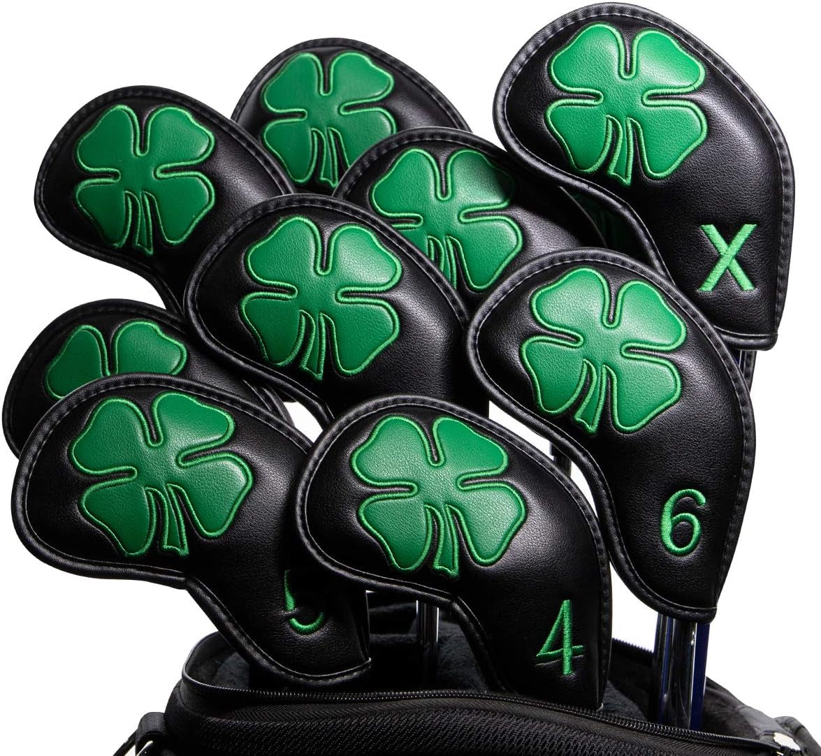 Golf Iron Covers Golf Iron Head Covers Leather Golf Iron Covers for Golf Clubs 10Pcs Golf Iron Headcovers Lucky Clover Golf Club Head Covers for Iron with Magic Tape Fit All Brands