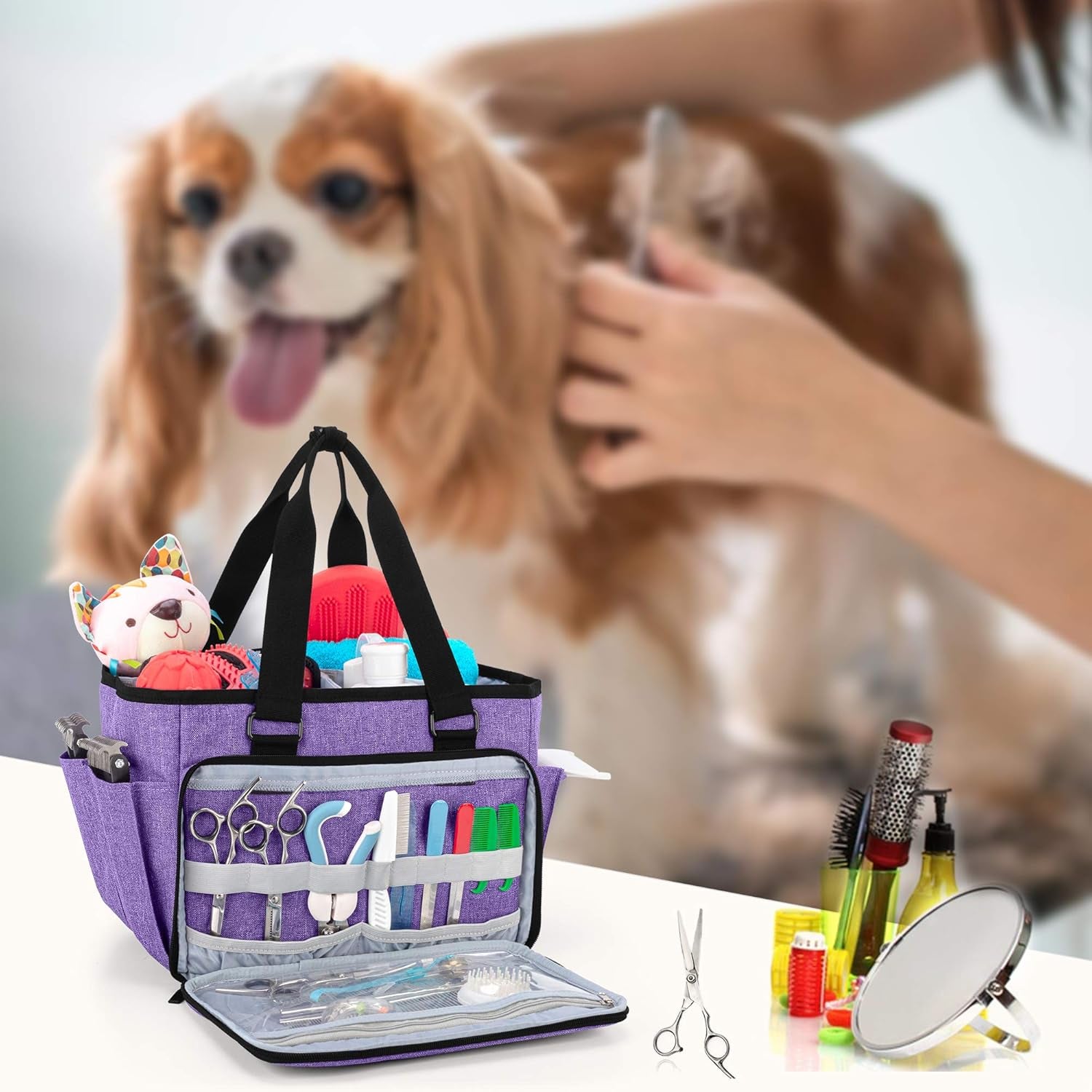 Yarwo Dog Grooming Tote Bag, Cat Grooming Tools Organizer for Pets Grooming Kit and Supplies, Purple