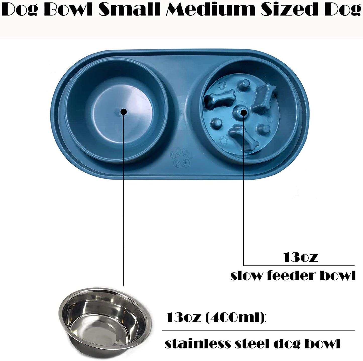 Dog Bowls Small Medium Sized Dog Food Bowl, Slow Feeder Dog Bowl Set, Stainless Steel Dog Bowls, Non-Skid Cat Dog Food and Water Bowls by Deyesom (Navy)