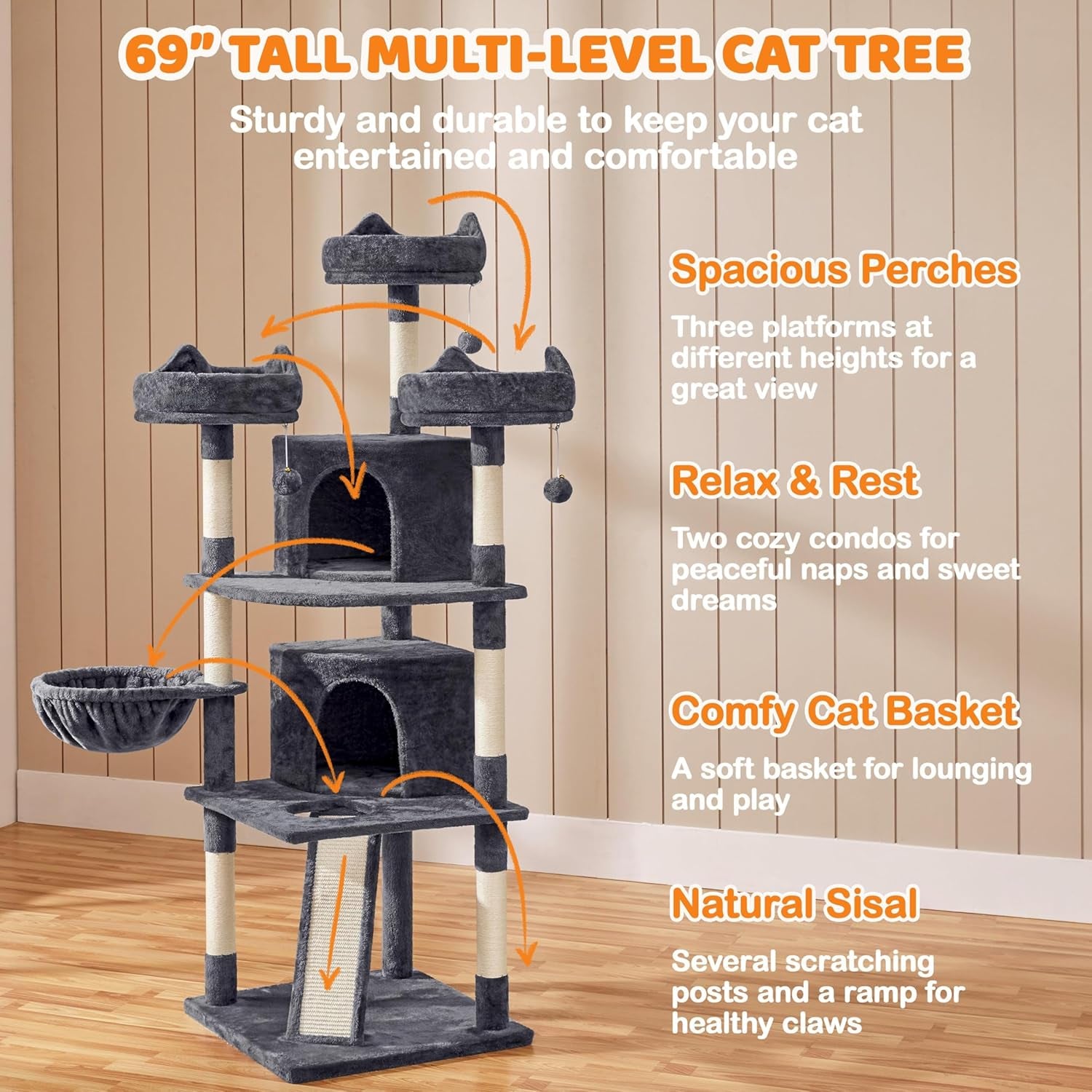 Yaheetech 68.5In Cat Tree Multi-Level Cat Tower with Large Condo＆Cozy Perches Stable Pet Play House W/Sisal-Covered Scratching Posts＆Board for Indoor Cats, Dark Gray